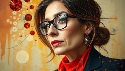Stylish woman with glasses and red scarf poses confidently against an abstract orange background