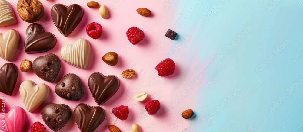 Poster heart shaped chocolate sweets with fruits and nuts on a colorful backdrop viewed from above ideal fo