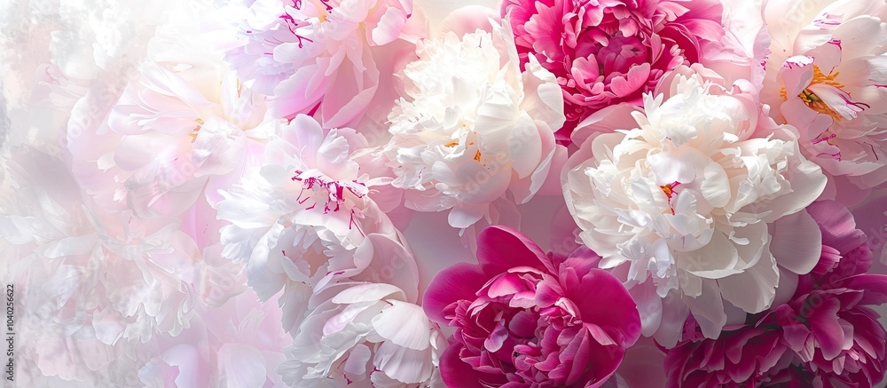 Poster peonies in pink and white hues displayed on a bright background providing room for text or images. c