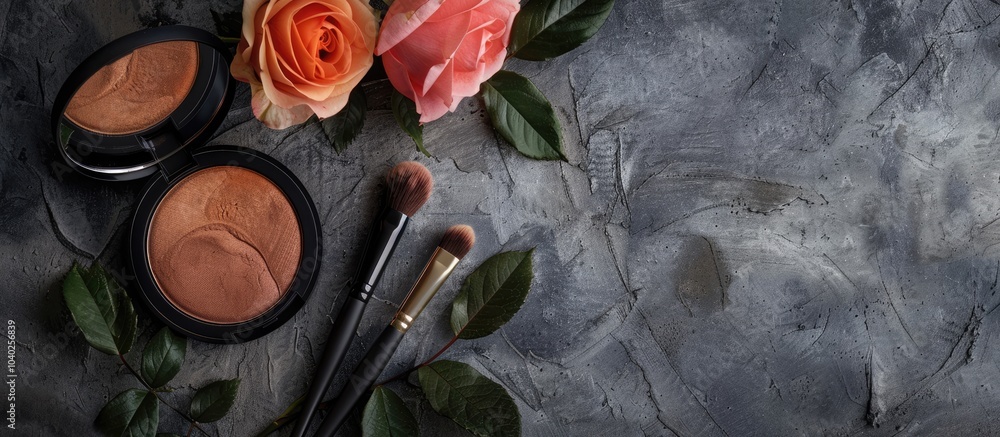 Poster close up photograph of a bronzer brush and a rose flower arranged elegantly on a textured grey table