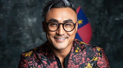 Stylish man with glasses wearing a floral shirt and vibrant background