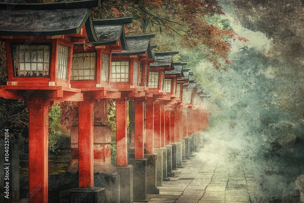 Poster a row of red lanterns sitting on top of a sidewalk, ideal for use in event or party themes