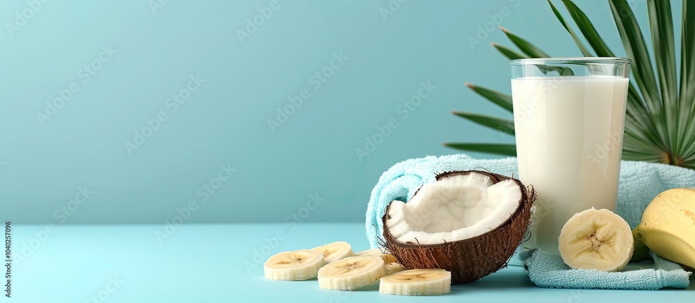 Poster blue background with a glass of milk towel coconut and sliced bananas perfect for adding text with t