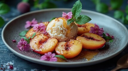 Delightful grilled peaches with ice cream and floral garnish