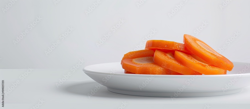 Poster freshly sliced carrot displayed on a white plate against a white background with copy space for an i