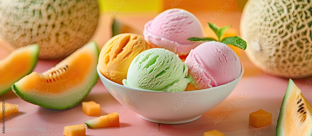 Poster a bowl with scoops of ice cream surrounded by fresh melon slices creates a delicious display in this