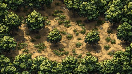 Naklejka premium Pixel art DnD battlemap with a forest clearing surrounded by trees and small patches of grass