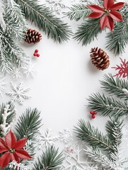 Festive pinecones with red flowers and snowflakes edge