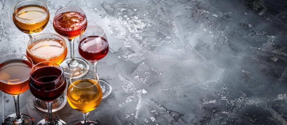 Poster various tasty liqueurs displayed in glasses on a gray table in a flat lay composition with copy spac
