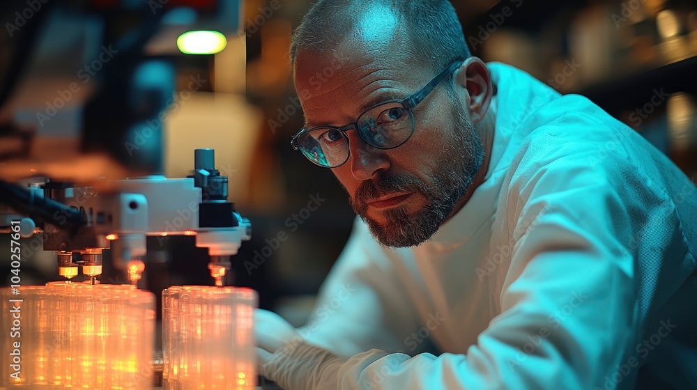 Poster scientist working with precision instruments in a laboratory setting