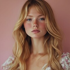 Naklejka premium A woman with long blonde hair and freckles on her face