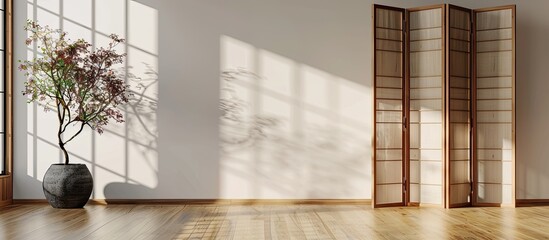 Indoor setting with a wooden folding screen placed by a white wall allowing for a copy space image