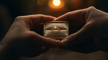 A beautiful scene featuring hands presenting a diamond ring in a luxurious jewelry box, symbolizing love, commitment, and the anticipation of a romantic gesture. photo