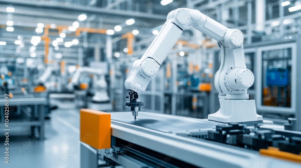 Aufkleber A robot performing quality control checks in a clean manufacturing plant with automated assembly lines and organized workstations, Industrial tech style, photo of