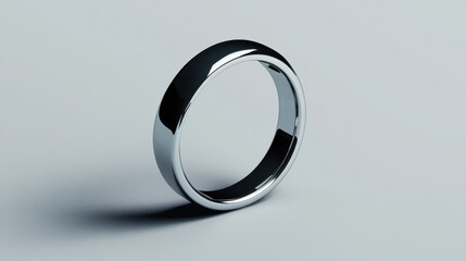 A silver wedding band sits on a table