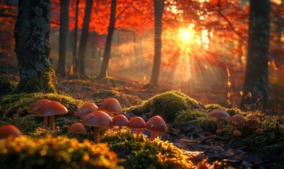 Enchanting Forest Sunset with Mushrooms and Moss