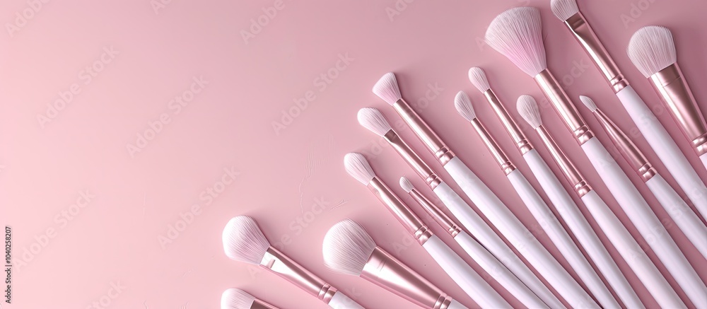 Aufkleber cosmetic brushes arranged neatly on a soft pink background with ample copy space image