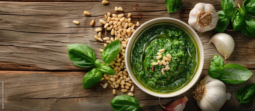 Poster top down view of a delicious pesto sauce in a dish with garlic basil and pine nuts on a wooden surfa