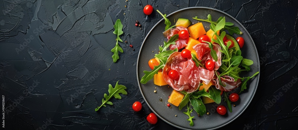 Poster top down view of a prosciutto and melon salad on a plate against a black backdrop with space for tex