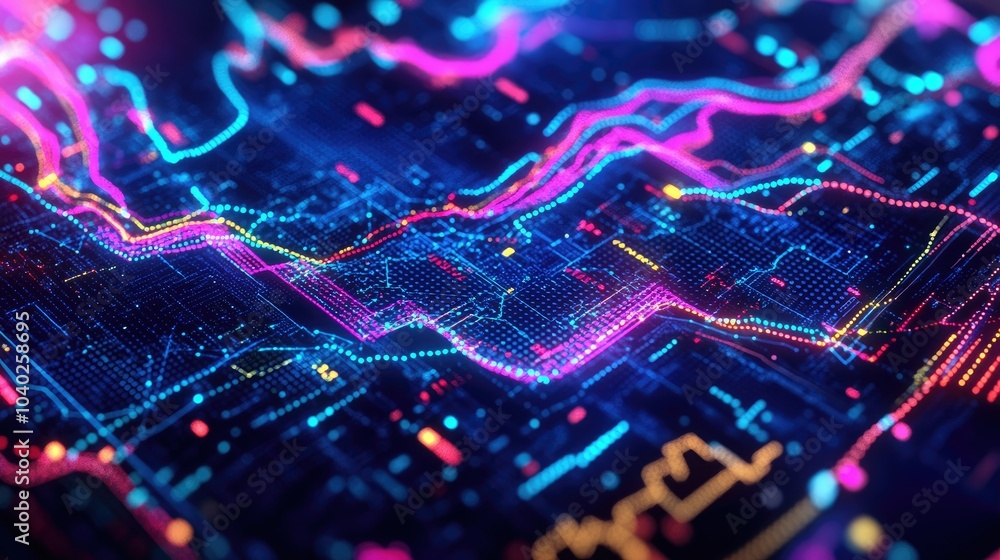 Poster abstract depiction of financial graphs and charts in neon colors
