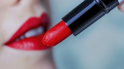 Obraz premium Impactful red lipstick on lips with glossy texture