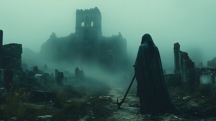 Mysterious Figure in Foggy Ruins at Dusk