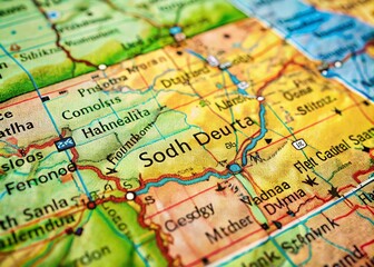 South Dakota State Map with High Depth of Field - Detailed Geographic Features and Vibrant Colors