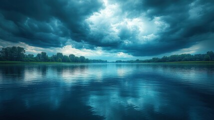 Fototapeta premium Tranquil reflections a serene river under dramatic skies