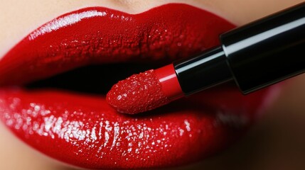 High gloss lipstick application on red, plump lips