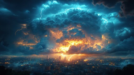 Obraz premium Dramatic thunderstorm over urban skyline illuminated by lightning and fire