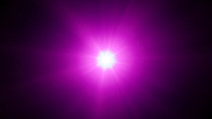 Abstract pink purple digital lens flare with bright light on black background. 