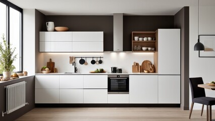 Fototapeta premium A modern kitchen with white cabinets and a black countertop. Wooden accents and plants add warmth. A dining area with a black lamp is visible.