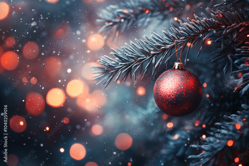 Poster Christmas tree adorned with red background balls, glowing in festive spirit.