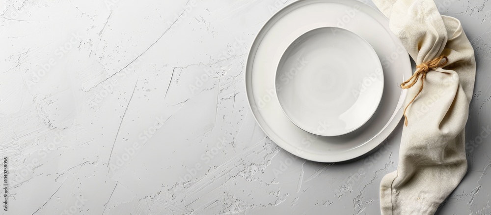 Poster top view composition featuring an empty menu plate and napkin against a light grey backdrop perfect 
