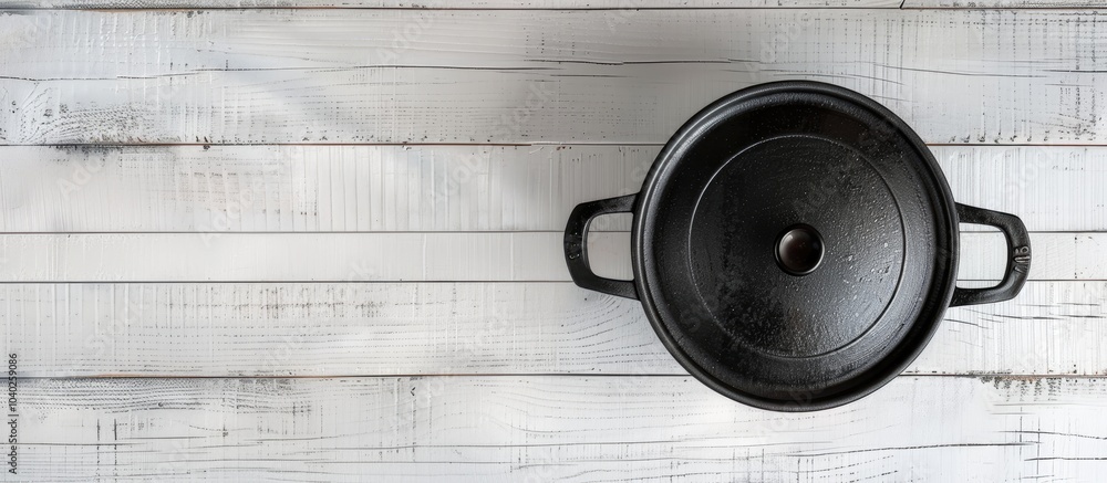 Poster top down view of a black pot with a lid placed on a white wooden table ideal for a copy space image