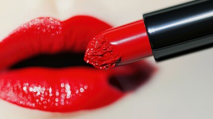 Artistic close focus on lipstick against red lips