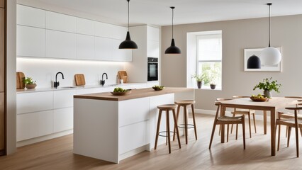 A modern kitchen with white cabinets and a black countertop. Wooden accents and plants add warmth. A dining area with a black lamp is visible.