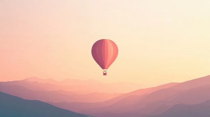 Fototapeta premium A vibrant hot air balloon drifts above the mountains during a calm dawn, creating a peaceful and inspiring atmosphere for viewers. Generative AI