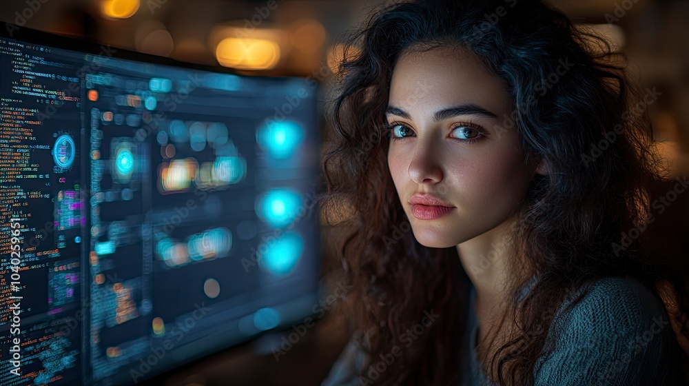 Aufkleber young woman focused on computer with coding in background