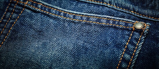 Closeup macro shot of a denim back pocket fragment on blue jeans with a textured background serving as a design element in a fashion mockup image. Copy space image. Place for adding text and design