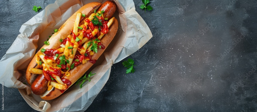 Poster top view of a classic german currywurst with fries for takeout against a gray backdrop featuring amp