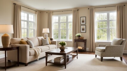 Fototapeta premium A cozy living room with a beige sofa, armchair, and wooden coffee table. Large windows allow ample light
