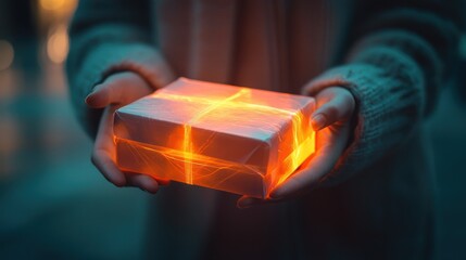Amber gift box with electrifying patterns of light.