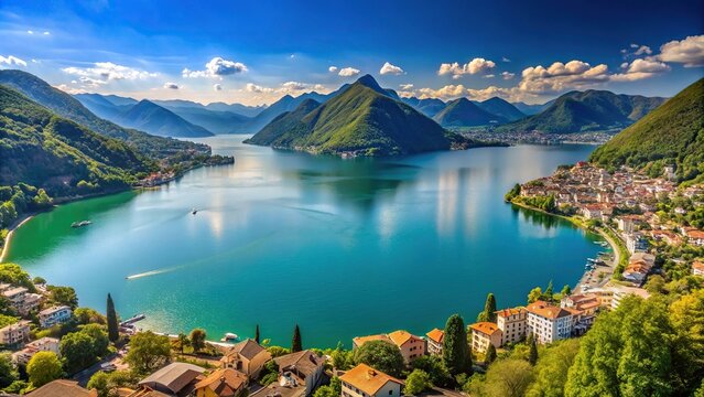 Aerial panoramic view of Lake Lugano with Porto Ceresio and Morcote