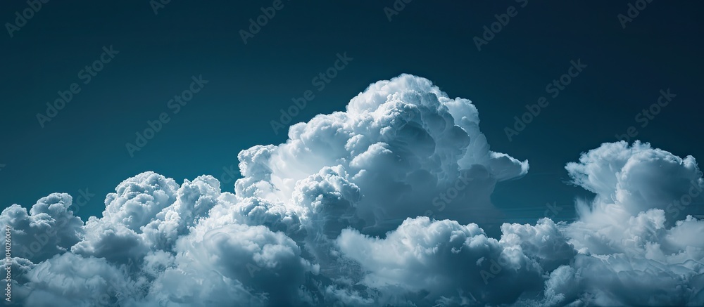 Poster aerial view captures white billowing clouds rising beneath dark blue skies with a sharp contrast cre