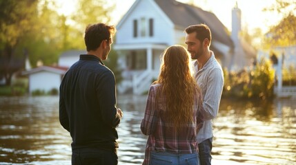 Insurance for natural disasters, with an agent explaining the policy to homeowners