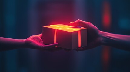 Two hands exchange a luminous wrapped gift box