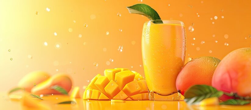 Mexican mango smoothie known as a mangonada displayed on a yellow background with copy space image