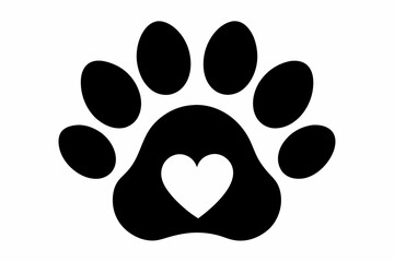 Heart and pet paw icon, Paw print with heart black silhouette vector