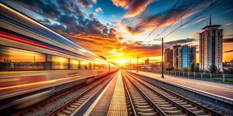Obraz premium Speeding Train at Dusk - Movement, Travel, and City Life in Soft Light